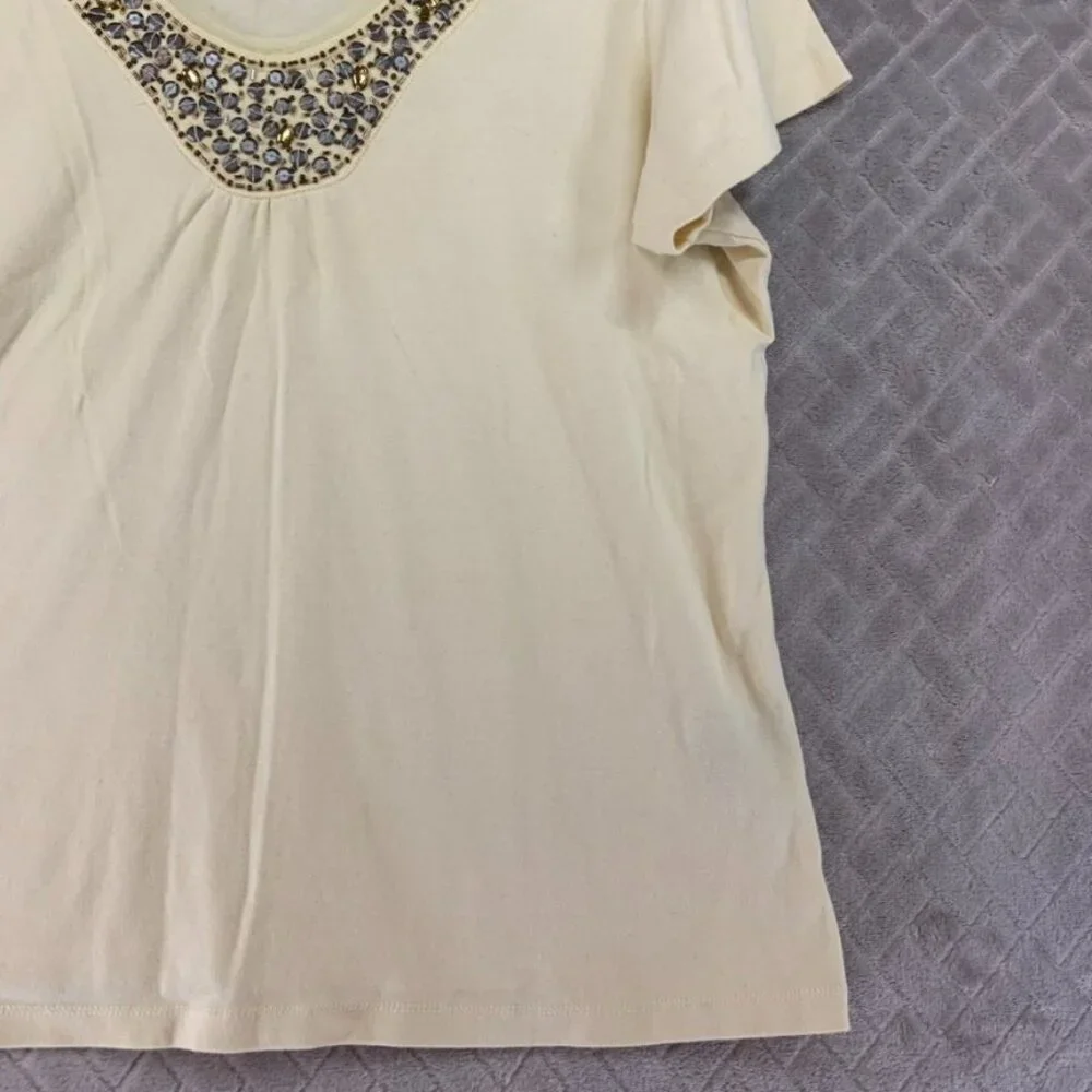 Avenue Womans 14/16 Top T Shirt Light Yellow Beaded Short Sleeve V Neck - Picture 4 of 12